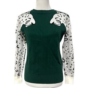 Women’s Snow Leopard Sleeved Sweater Dark Green Boho Cheetah Top Size Medium